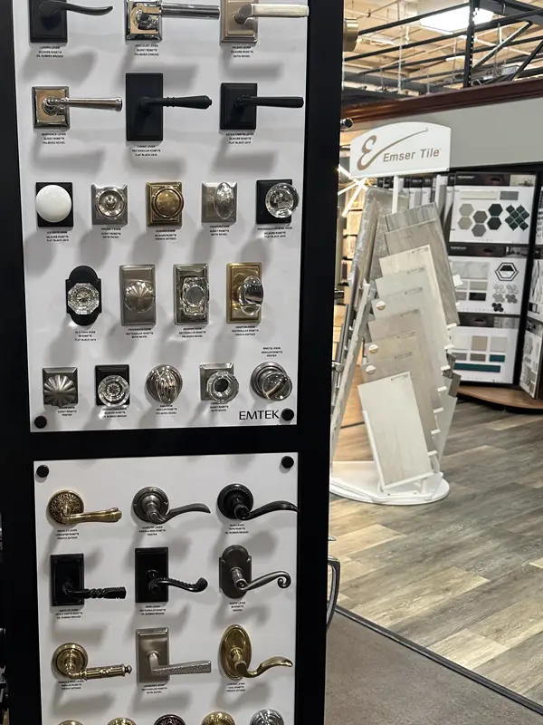 Emtek rotating display with knobs, rosettes and levers