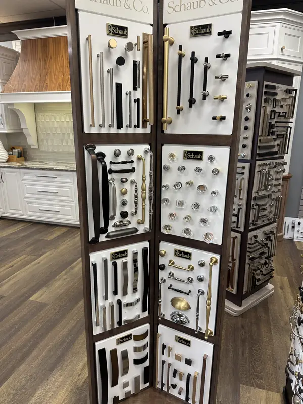 Schaub cabinet pull and knob display tower in a kitchen showroom